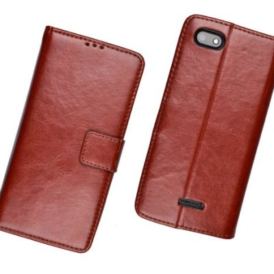 Front and back view of leather flip cover of smartphone isolated on white background with clipping path, smartphone accessories